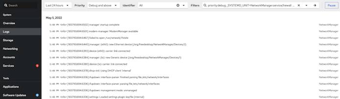 Cockpit Logs screen Cockpit Logs screen
