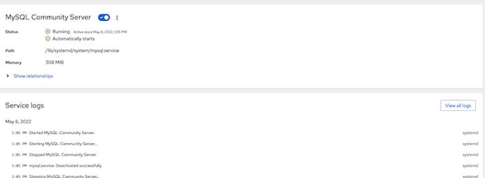 Cockpit MySQL Service screen Cockpit MySQL Service screen