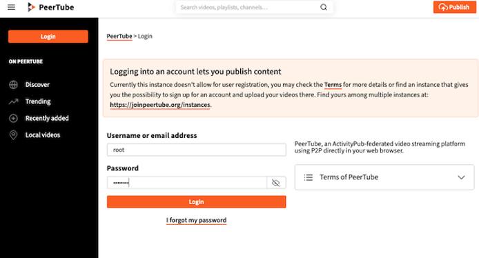 The PeerTube Login Page The PeerTube Login Page