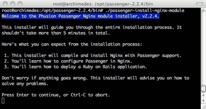 Phusion Passenger nginx installer program running on Debian 7 (Wheezy). Phusion Passenger nginx installer program running on Debian 7 (Wheezy).
