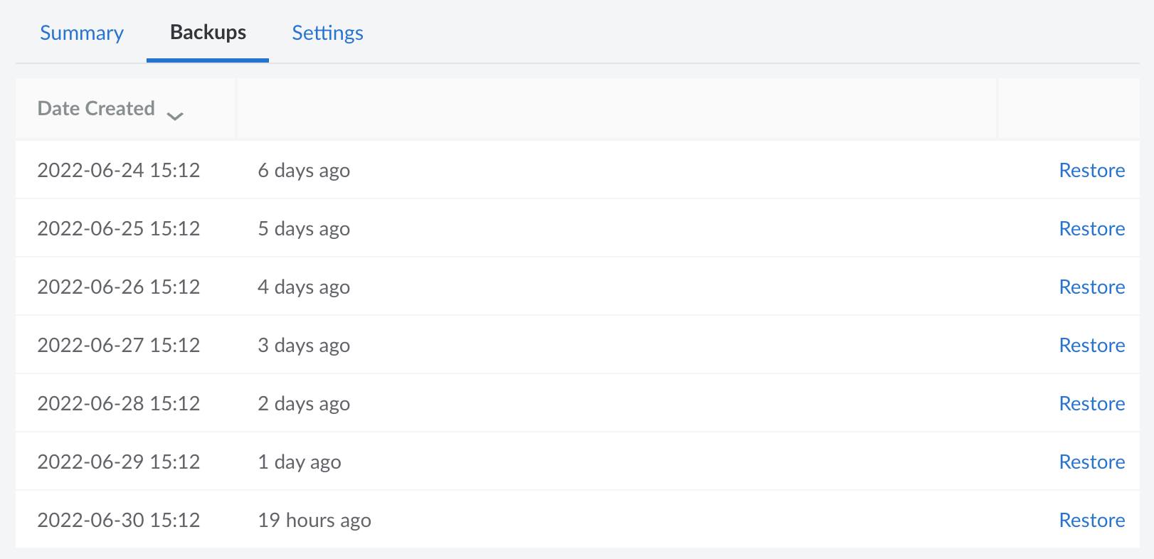 Screenshot of all available managed backups in the Cloud Manager Screenshot of all available managed backups in the Cloud Manager